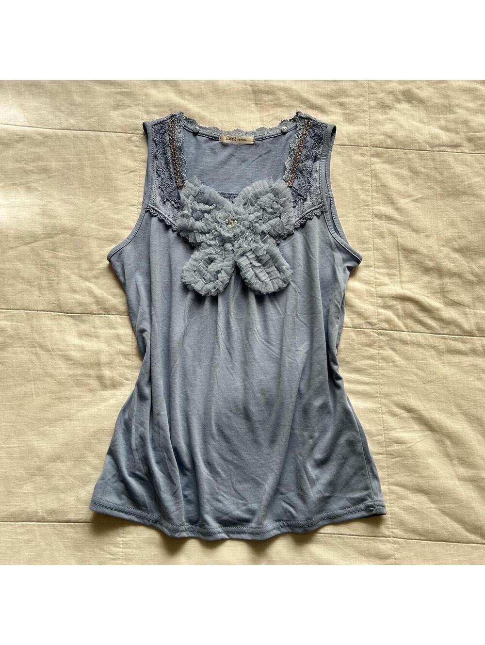 Axes Femme Dusty Blue Tulle Bow Lace Tunic Top Fairycore Size M